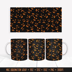 Halloween Pumpkin Faces Mug Wrap Sublimation Design PNG