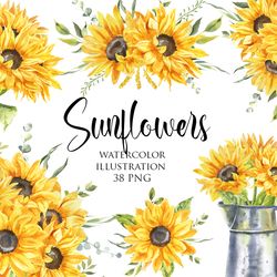 Watercolor floral illustration – Sunflowers, Yellow flowers for wedding invitations. PNG