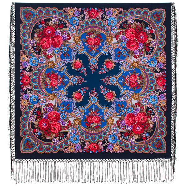 blue flowers pavlovo posad merino wool shawl wrap 708-14