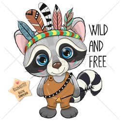 Cute Cartoon Raccoon PNG clipart, Wild, Tribal, Sublimation Design, Digital clip art