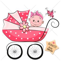 Cute Cartoon Baby Girl PNG, clipart, Sublimation Design, flowers, baby stroller