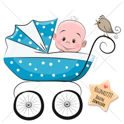 Cute Cartoon Baby Boy PNG, clipart, Sublimation Design, flowers, baby stroller
