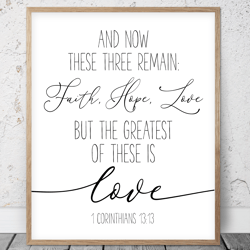 And Now These Three Remain Faith Hope Love, 1 Corinthians 13:1, Nursery Bible Verse Printable Wall Art, Scripture Prints