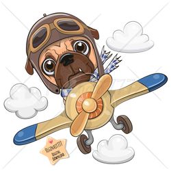 Cute Cartoon Pug Dog PNG, Plane, clipart, Sublimation Design, Children printable, illustration