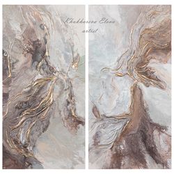 Set of 2 Abstract Painting Original Art Gold Leaf Wall Art Beige Gray Textured Acrylic Artworks on Stretched Canvases