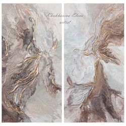 set of 2 abstract painting original art gold leaf wall art beige gray textured acrylic artworks on stretched canvases