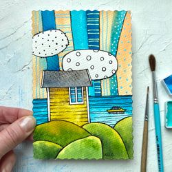 Beach house painting Sea Original art Mini Watercolor card by Rubinova