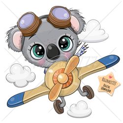 Cute Cartoon Koala PNG, Plane, clipart, Sublimation Design, Children printable, illustration