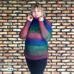 Hand knitted turtleneck sweater for a woman. Pure wool sweater with colorful stripes. Winter,tnsparent top .