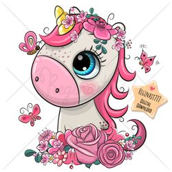 cute cartoon unicorn png, clipart, sublimation design, children printable, flowers, art