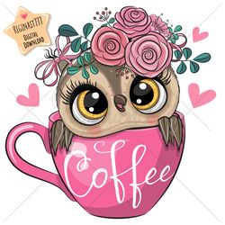 Cute Cartoon Owl PNG, Cup, clipart, Sublimation Design, flowers, print, clip art