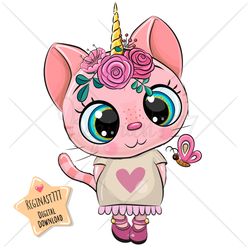 Cute Cartoon Kitty PNG, Unicorn, clipart, Sublimation Design, Children illustration, digital clip art