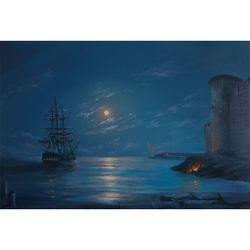 Moonlit night in the bay Original oil painting on canvas 15,8x23,6in  Seascape with a sailing ship in the bay