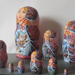 Morozko Russian winter fairy tale matryoshka 10 nesting dolls art painted
