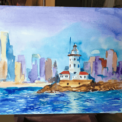 Lighthouse Art New York Skyline Painting Cityscape Artwork