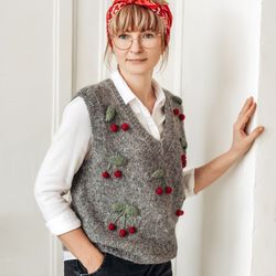 Handmade knitted Women's vest with embroidered cherries. Soft alpaca wool Sleeveless sweater. Winter and spring clothing