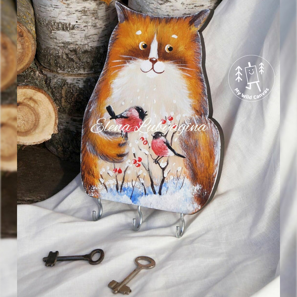 Cat With Birds, Unique Wall-Mounted Key Holder by MyWildCanvas-4.jpg