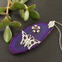 Purple Agate Slice Necklace Silver Butterfly Necklace Violet Lilac Agate Slab Slice Stone Pendant Necklace Jewelry 5997