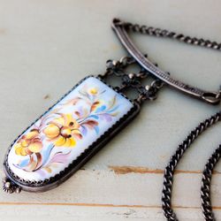 Antique necklace Art nouveau pendant necklace Hand painted yellow flowers