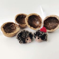 Cute hedgehog, a surprise in a walnut, Felt miniature, hedgehog with soft needles.  A set of 2 pieces.