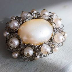 vintage pearl brooch pearl oval brooch pin silver pearl brooch