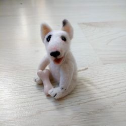 A copy of a bull terrier breed pet, an interior toy, a felt miniature Gift to a dog lover Custom copy pet