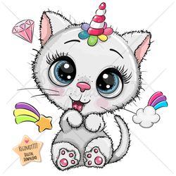 cute cartoon white kitty png, unicorn, clipart, sublimation design, children illustration, digital clip art