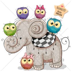 Cute Cartoon Elephant PNG, Owl, clipart, Sublimation Design, Children illustration, digital clip art