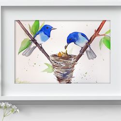Blue Flycatcher original birds watercolor, bird painting bird watercolor art by Anne Gorywine