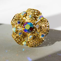 Vintage flower pin Aurora Borealis brooch Antique jewelry