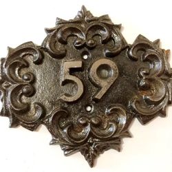 Old fashioned address number sign 59 cast iron address plaque vintage