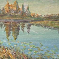 a small oil painting in a frame "river in silence" 16x12x1 landscape on masonite in calm tones beautiful view of the wat