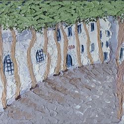 Southern Cities Oil Painting Original Art Old Streets Wall Art Vine Bushes Spain Houses Impasto 9.7" x 12"