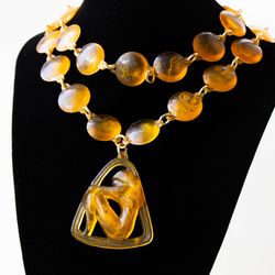 Vintage amber lucite necklace Russian jewelry Yellow beaded long necklace