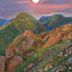 Mountain Landscape Oil Painting Original Art Flowers Red Sunset Impasto Mountains Birds 24x12 inches