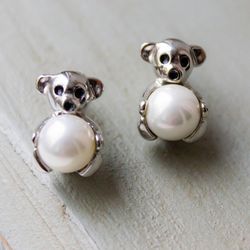 Vintage teddy bear earrings Silver bear earrings Pearl teddy bear studs