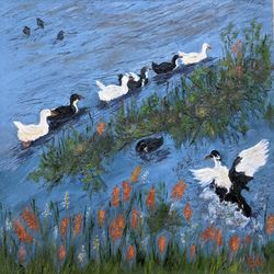 Wild Ducks Oil Painting Original Art Summer Day Wall Art Pond Migratory Birds Ducks 12x12 inches