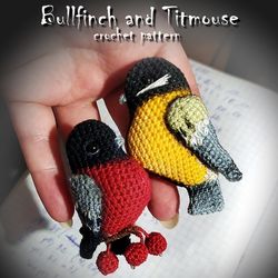 Bullfinch and Titmouse crochet pattern, amigurumi toy pattern, crochet DIY, crochet brooch guide, how to crochet bird