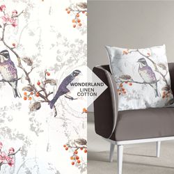 Wonderland Fabric, Fabric with Birds, Linen and Viscose Fabric, Birds Fabric, Birds on Tree Branches Fabric