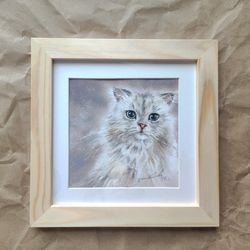 Cat original painting framed 10"x10" White cat painting framed fine art Square painting kitten painting Cat lover gift