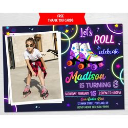 Photo roller skate birthday invitation Girl skating invitation Skating party invite Roller drome rink Neon disco party