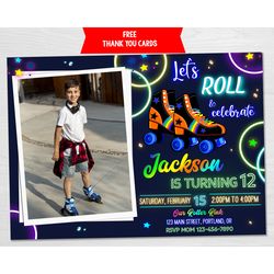 Photo roller skate birthday invitation Boy skating invitation Skating party invite Roller drome rink Neon disco party