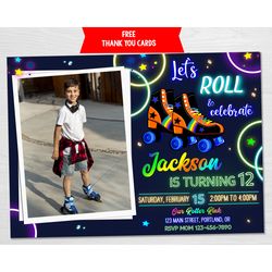 photo roller skate birthday invitation boy skating invitation skating party invite roller drome rink neon disco party