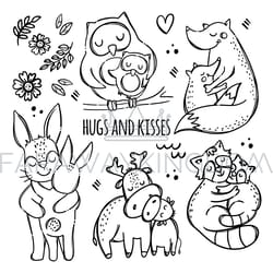 hugs and kisses monochrome cartoon vector illustration set