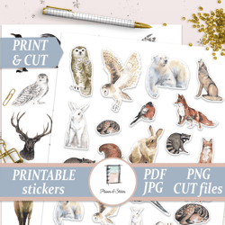 Printable Stickers Watercolor forest animals stickers Fox, deer, owl & bear decals Die cut files Life planner kit