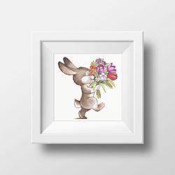 Funny Bunny with spring flowers cross stitch pattern, cross stitch chart for home decor and gift, Instant download PDF