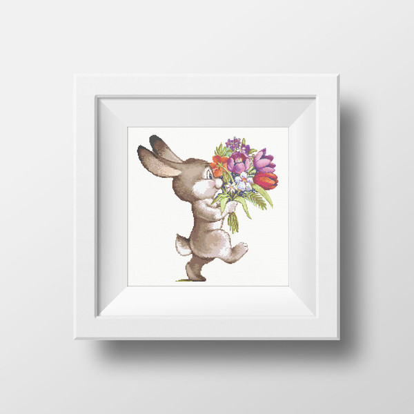 1 Funny Bunny with spring flowers cross stitch pattern, cross stitch chart for home decor and gift.jpg
