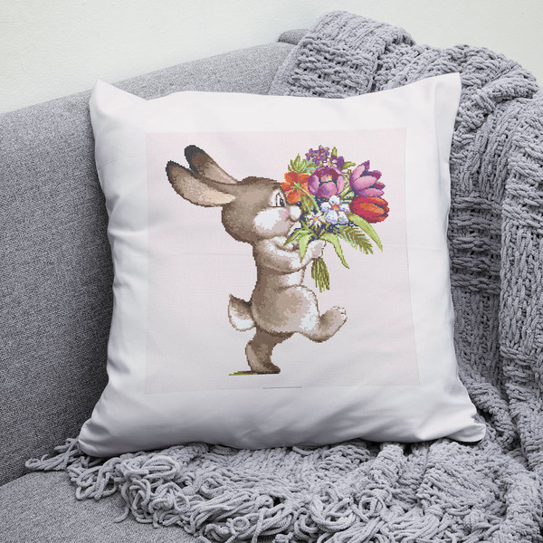 4 Funny Bunny with spring flowers cross stitch pattern, cross stitch chart for home decor and gift.jpg