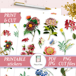 Scrapbooking Supplies Vintage, Flowers Sticker Set, Floral Die Cuts, Rose Decal, Planner Kit Printable, Junk Journal