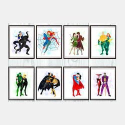 Superheroes couple Marvel DC comics Set Art Print Digital Files decor nursery room watercolor